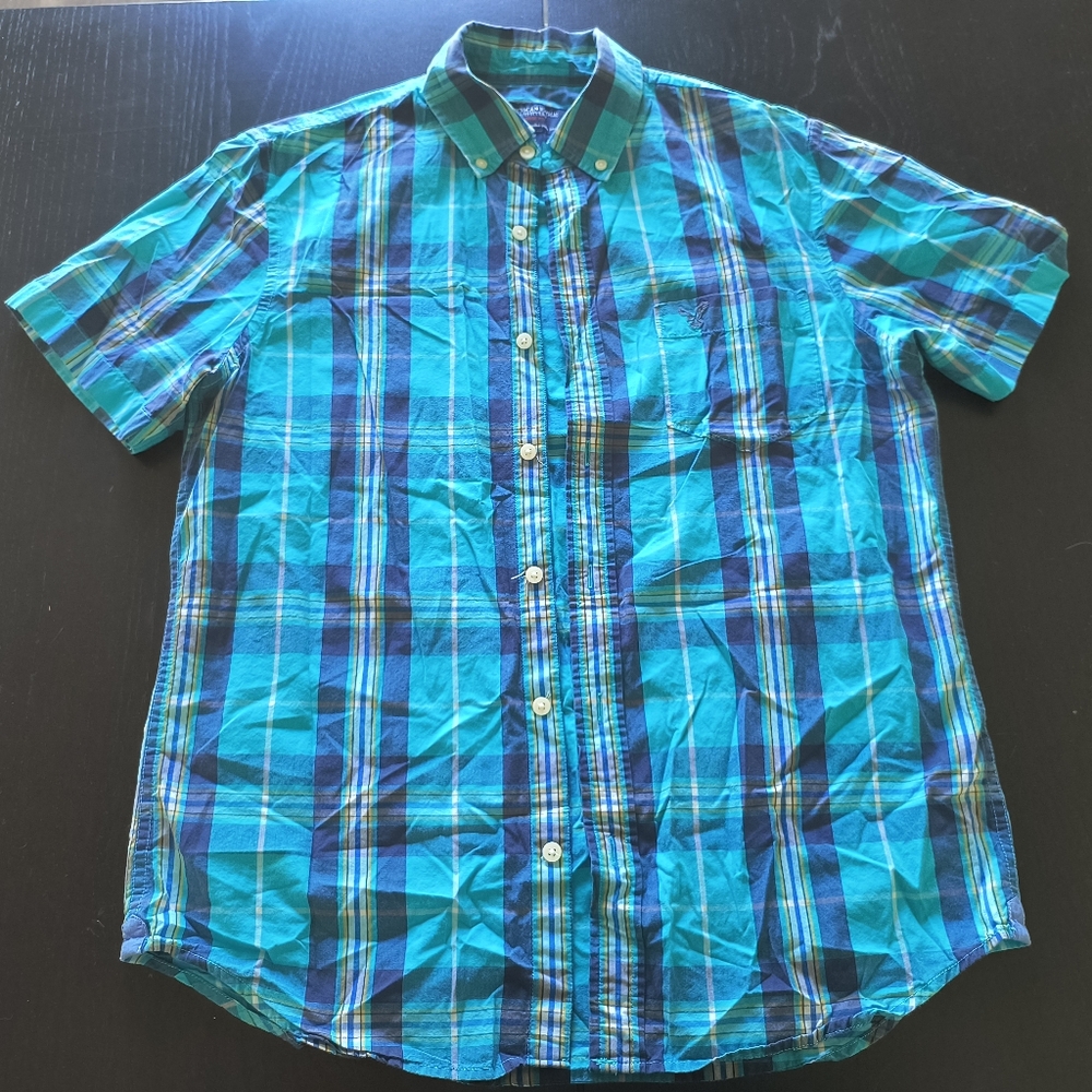 American Eagle Button-Down Blue Plaid Shirt Short-Sleeve Vintage Fit Mens Medium